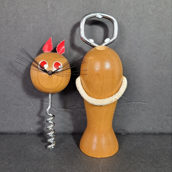 Vintage Mid Century Japanese Wooden Cat Corkscrew Bottle Opener NWOT - Picture 2 of 9